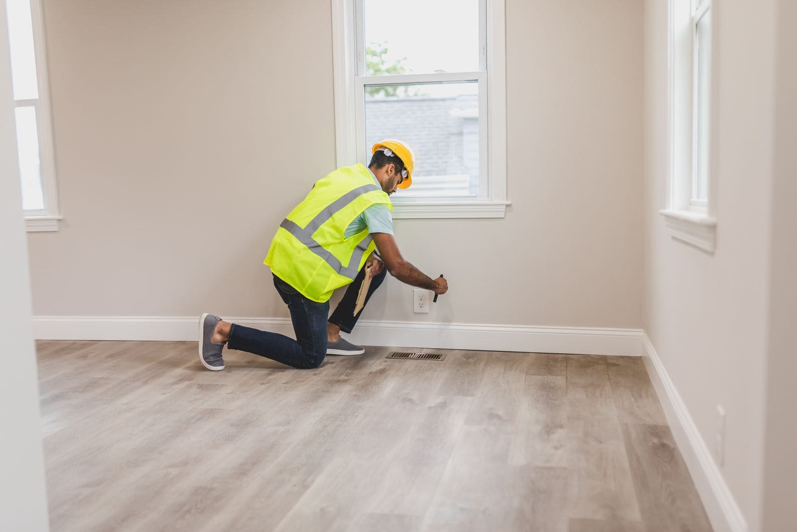 Technician in a safety vest and hard hat inspecting the floor along a wall in a bright room